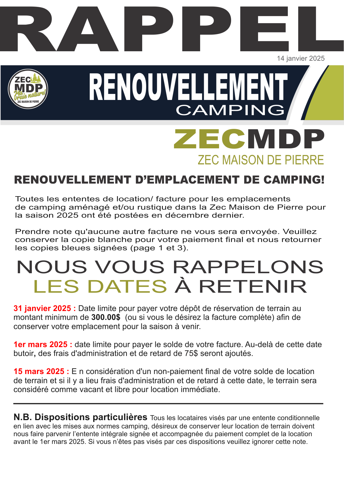 rappel pour paiement 14 janvier 2025